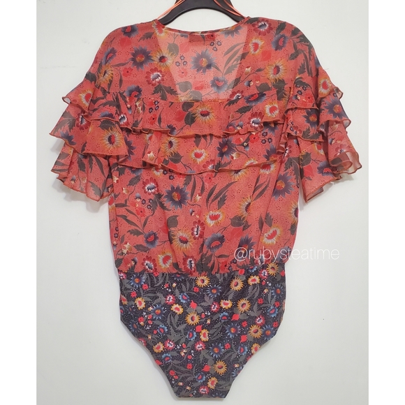 ZARA Sheer Orange Botanical Floral Print Ruffle Bodysuit, NWT - Picture 4 of 9